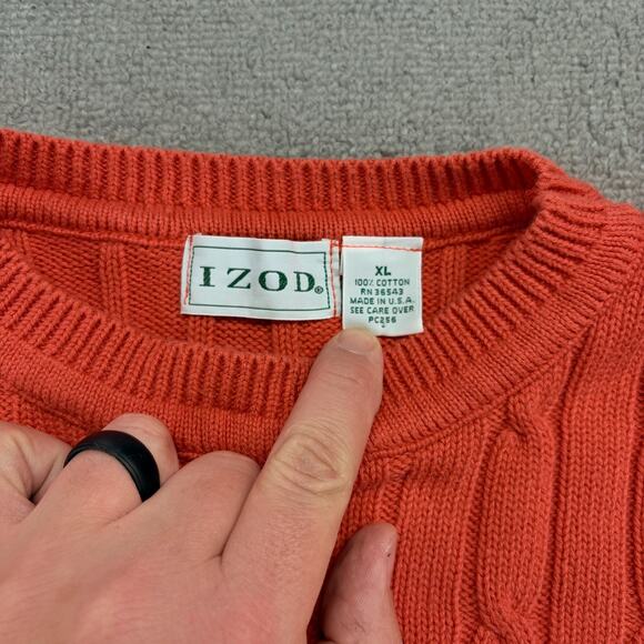 Vintage IZOD Sweater Men XL Orange Cotton Heavy Cable Knit Made In The USA Crest - Picture 3 of 7